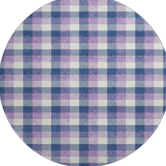 8' Navy Blue Ivory And Purple Plaid Washable Round Rug With UV Protection Photo 2