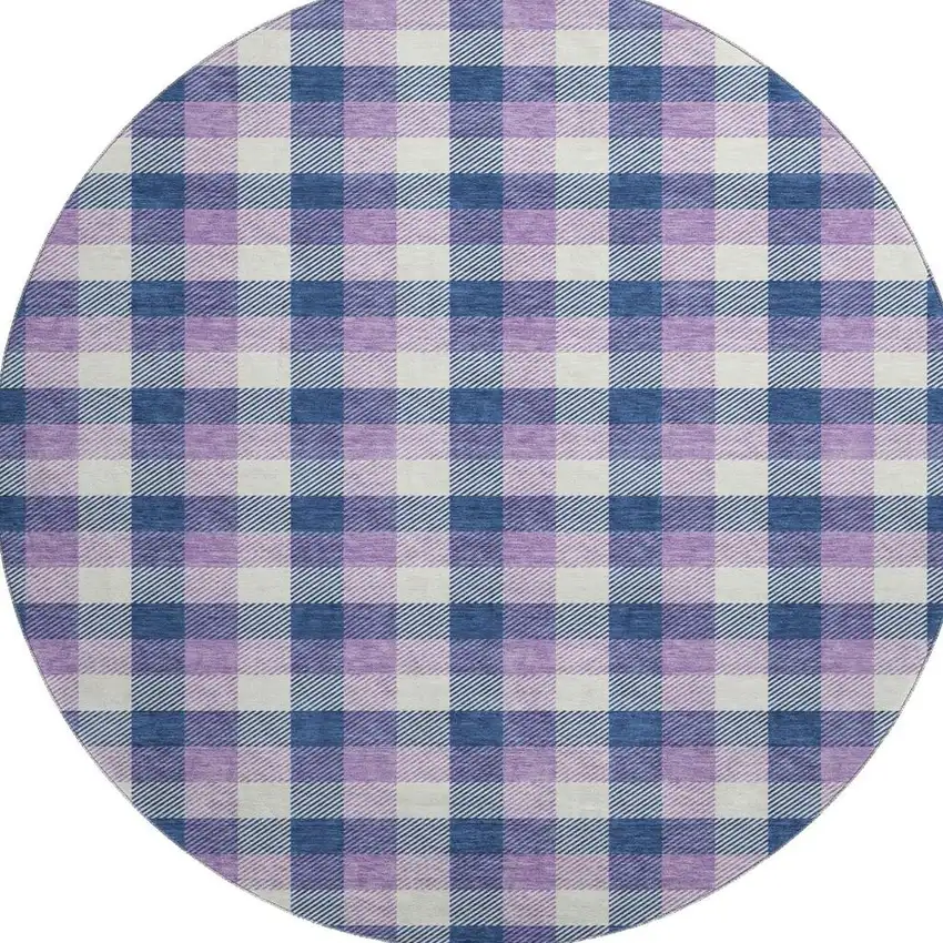 8' Navy Blue Ivory And Purple Plaid Washable Round Rug With UV Protection Photo 2