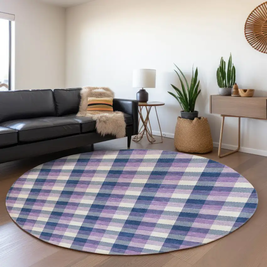 8' Navy Blue Ivory And Purple Plaid Washable Round Rug With UV Protection Photo 4