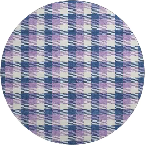 8' Navy Blue Ivory And Purple Plaid Washable Round Rug With UV Protection Photo 1