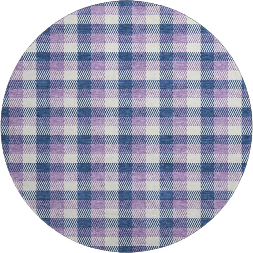 8' Navy Blue Ivory And Purple Plaid Washable Round Rug With UV Protection Photo 1