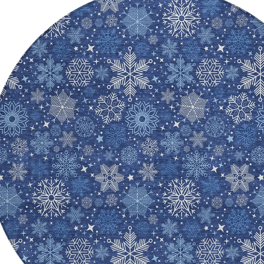 8' Navy Blue Ivory And Sky Blue Round Medallion Washable Indoor Outdoor Area Rug Photo 8