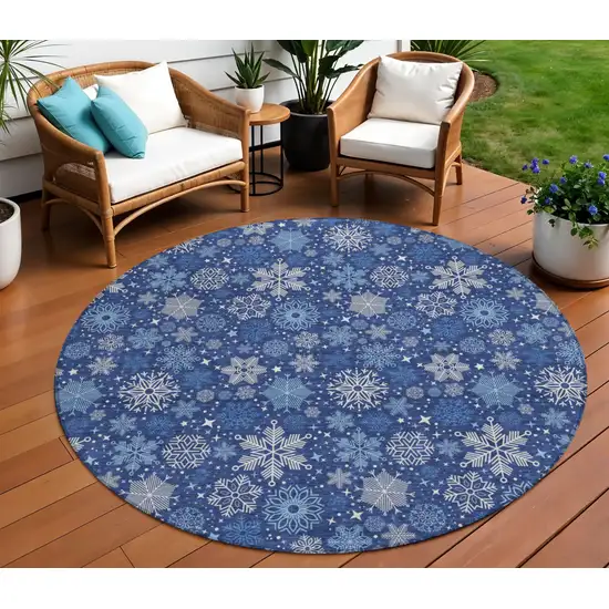8' Navy Blue Ivory And Sky Blue Round Medallion Washable Indoor Outdoor Area Rug Photo 2