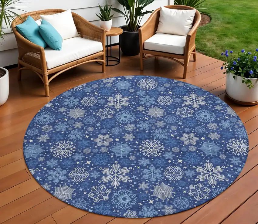 8' Navy Blue Ivory And Sky Blue Round Medallion Washable Indoor Outdoor Area Rug Photo 2