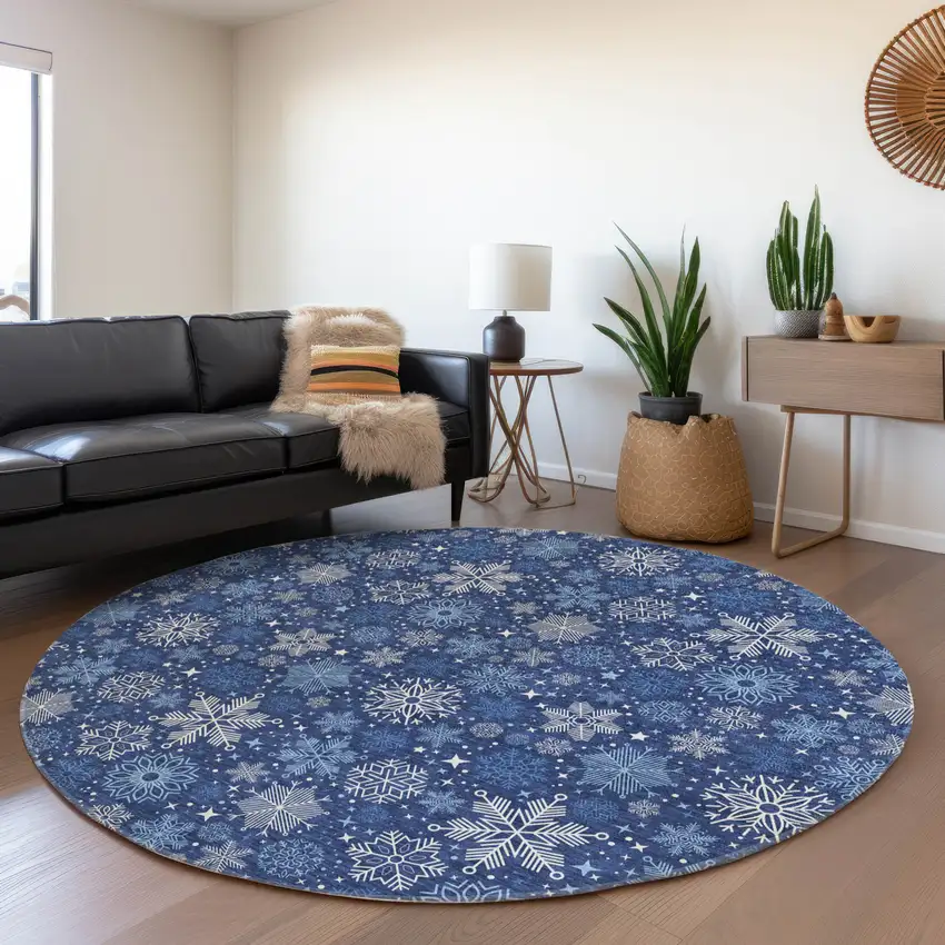 8' Navy Blue Ivory And Sky Blue Round Medallion Washable Indoor Outdoor Area Rug Photo 6