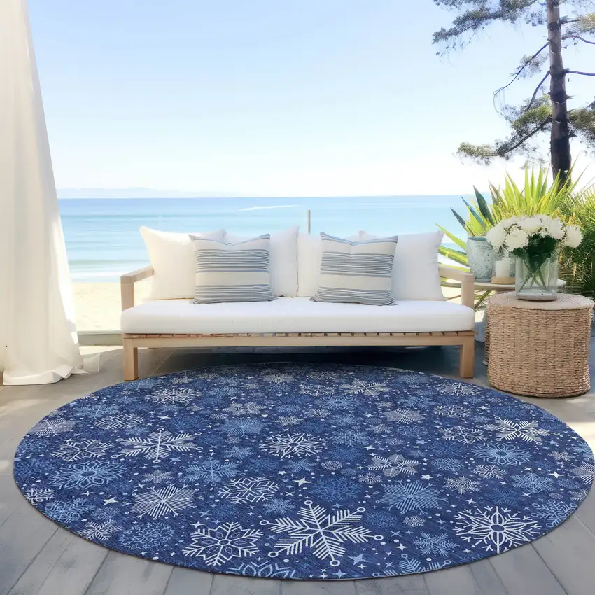 8' Navy Blue Ivory And Sky Blue Round Medallion Washable Indoor Outdoor Area Rug Photo 5