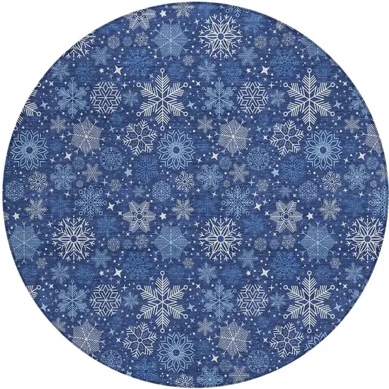 8' Navy Blue Ivory And Sky Blue Round Medallion Washable Indoor Outdoor Area Rug Photo 3