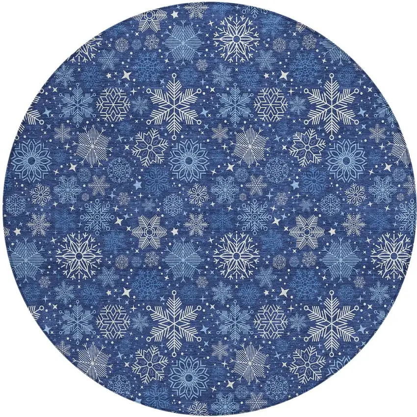 8' Navy Blue Ivory And Sky Blue Round Medallion Washable Indoor Outdoor Area Rug Photo 3