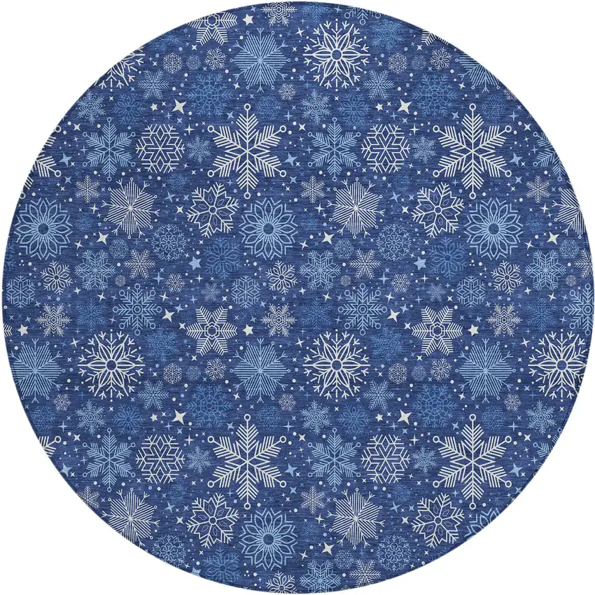 8' Navy Blue Ivory And Sky Blue Round Medallion Washable Indoor Outdoor Area Rug Photo 1