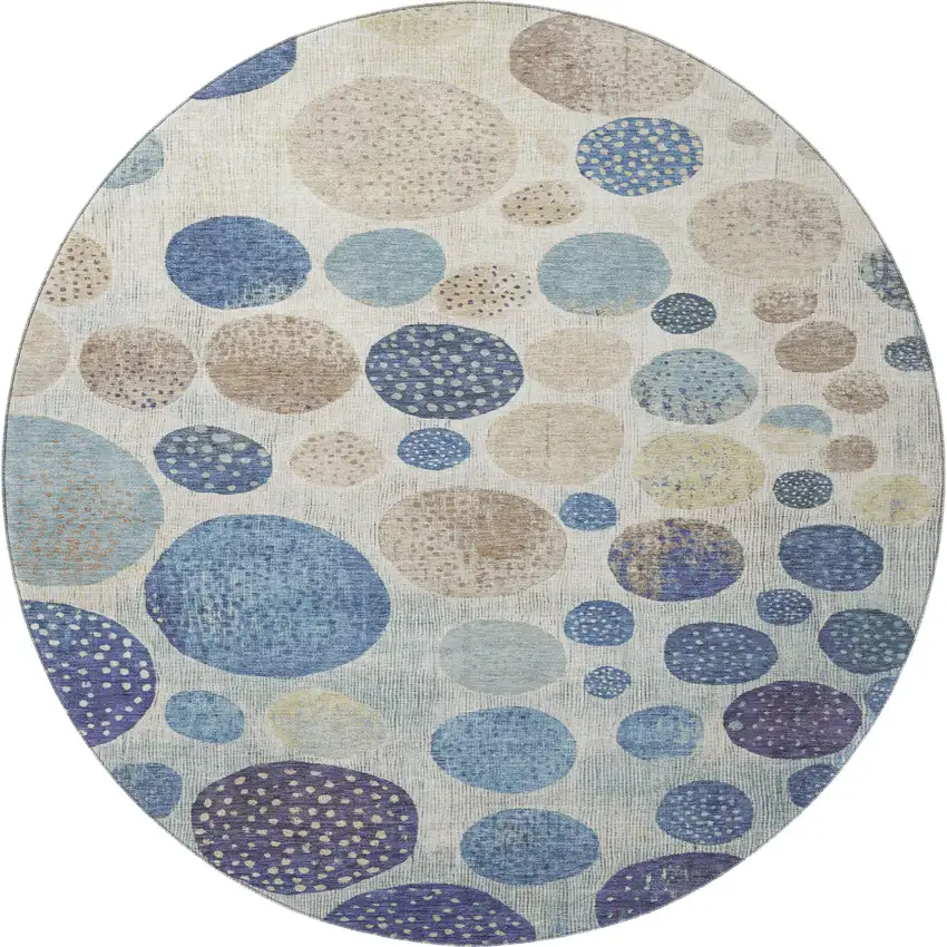 8' Navy Blue Ivory And Taupe Geometric Washable Round Rug With UV Protection Photo 4
