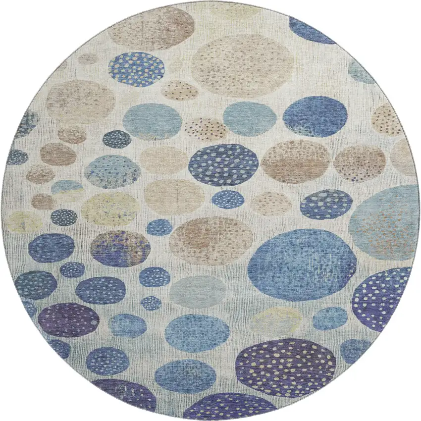 8' Navy Blue Ivory And Taupe Geometric Washable Round Rug With UV Protection Photo 1