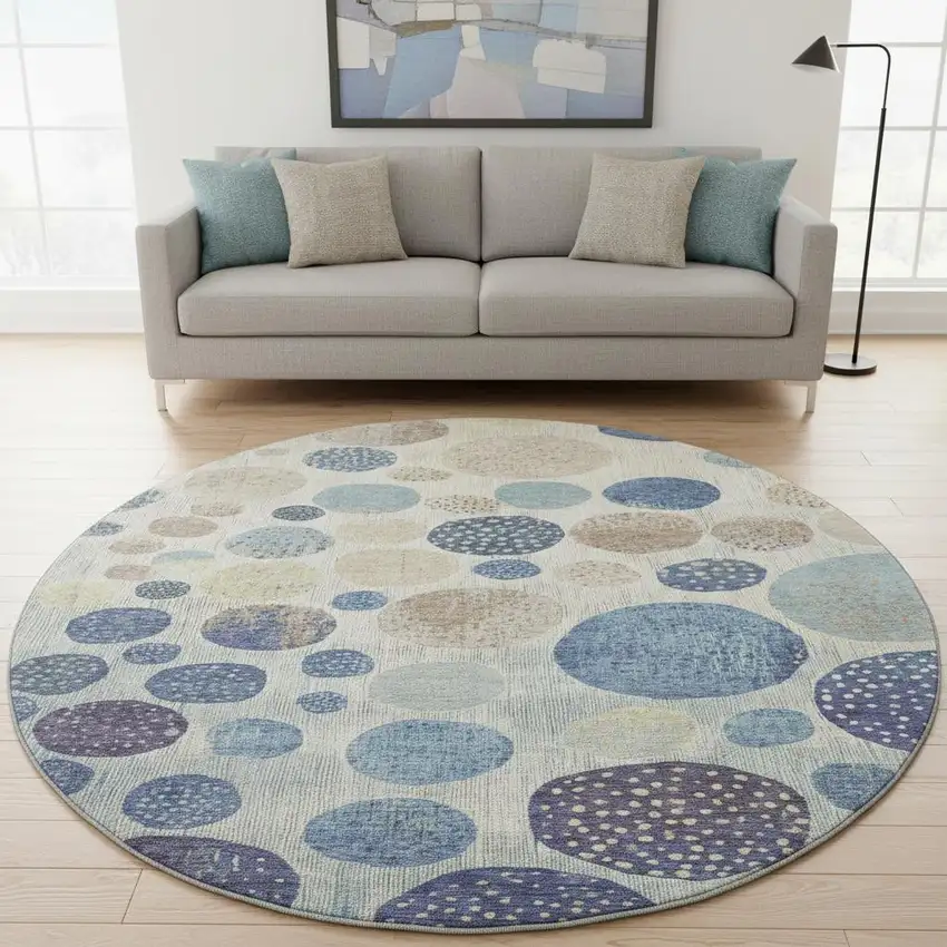8' Navy Blue Ivory And Taupe Geometric Washable Round Rug With UV Protection Photo 2