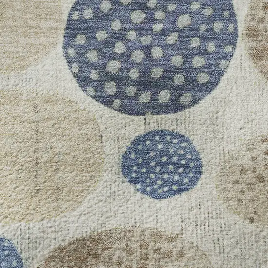 8' Navy Blue Ivory And Taupe Geometric Washable Round Rug With UV Protection Photo 9