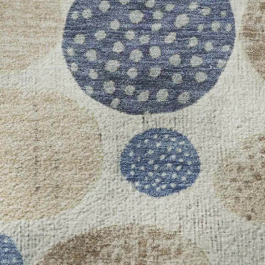 8' Navy Blue Ivory And Taupe Geometric Washable Round Rug With UV Protection Photo 9