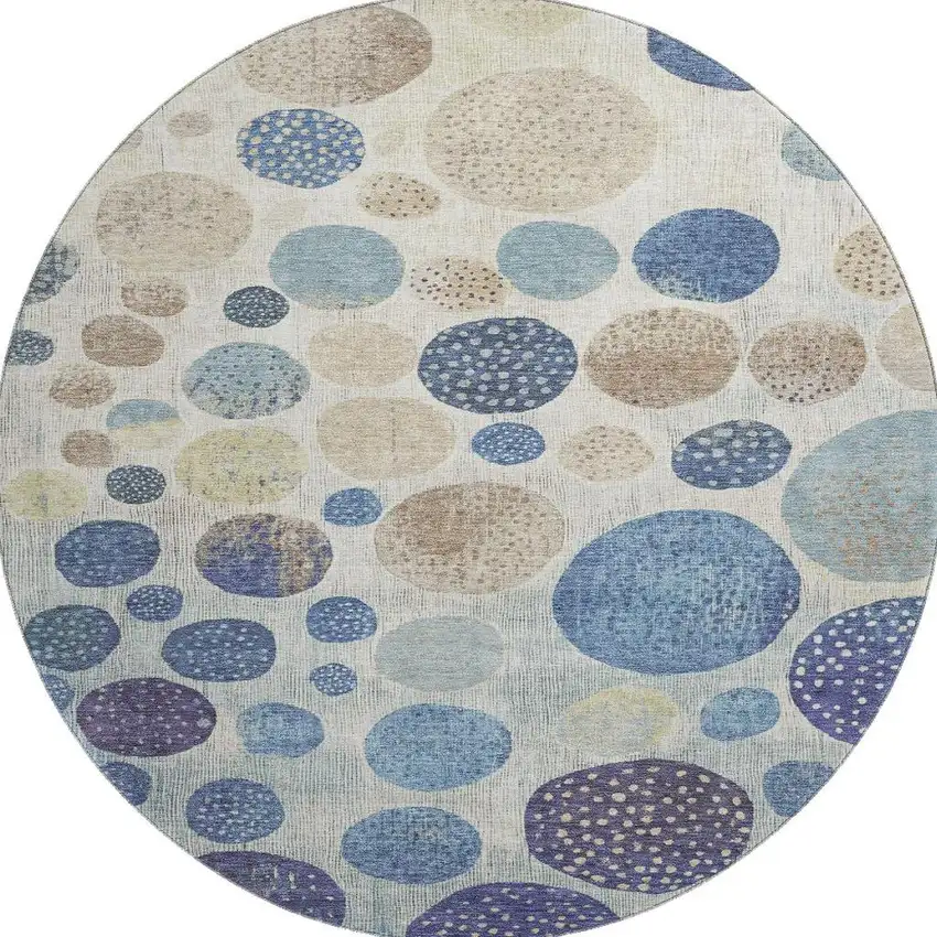 8' Navy Blue Ivory And Taupe Geometric Washable Round Rug With UV Protection Photo 3