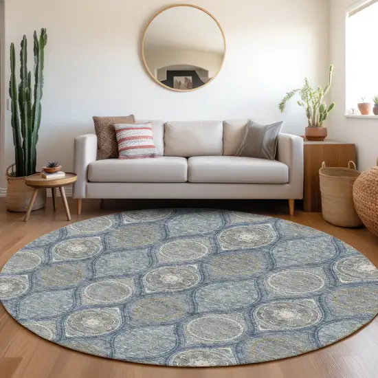 8' Navy Blue Ivory And Taupe Ogee Washable Round Rug With UV Protection Photo 4
