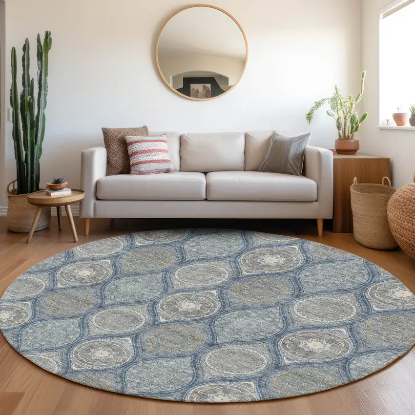 8' Navy Blue Ivory And Taupe Ogee Washable Round Rug With UV Protection Photo 4