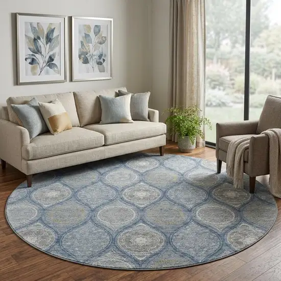 8' Navy Blue Ivory And Taupe Ogee Washable Round Rug With UV Protection Photo 1