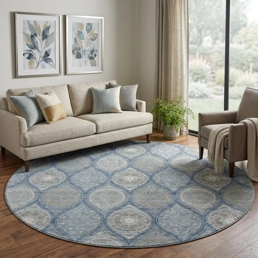 8' Navy Blue Ivory And Taupe Ogee Washable Round Rug With UV Protection Photo 1
