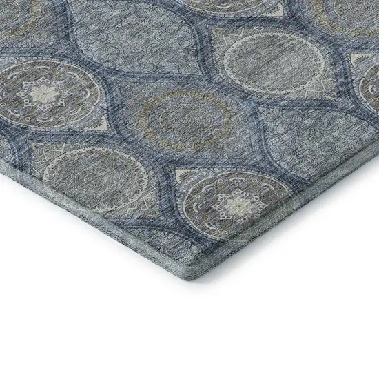 8' Navy Blue Ivory And Taupe Ogee Washable Round Rug With UV Protection Photo 6