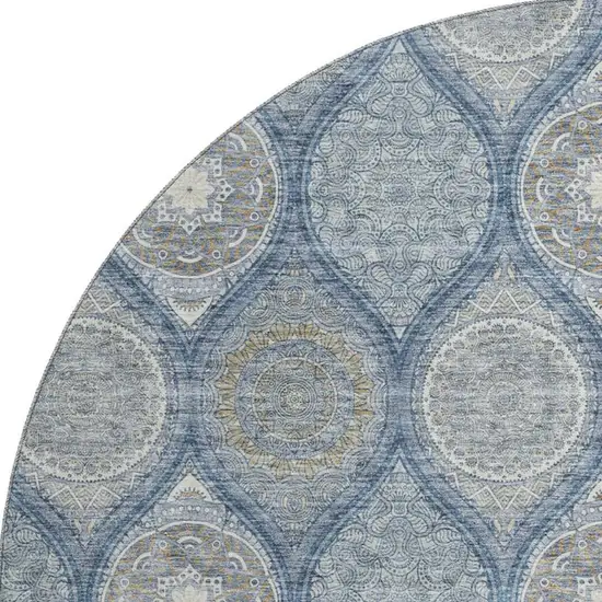 8' Navy Blue Ivory And Taupe Ogee Washable Round Rug With UV Protection Photo 3