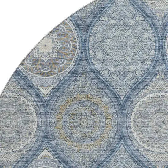 8' Navy Blue Ivory And Taupe Ogee Washable Round Rug With UV Protection Photo 2