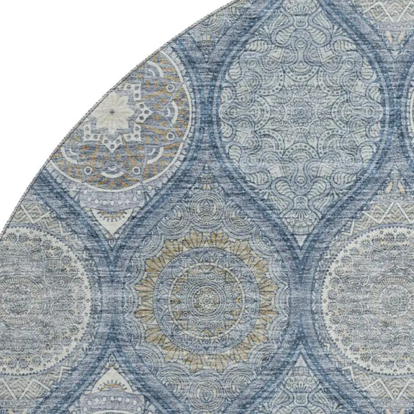 8' Navy Blue Ivory And Taupe Ogee Washable Round Rug With UV Protection Photo 2