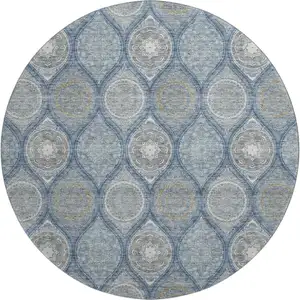 Photo of 8' Navy Blue Ivory And Taupe Ogee Washable Round Rug With UV Protection