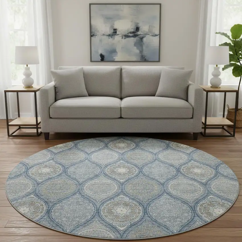 8' Navy Blue Ivory And Taupe Ogee Washable Round Rug With UV Protection Photo 2