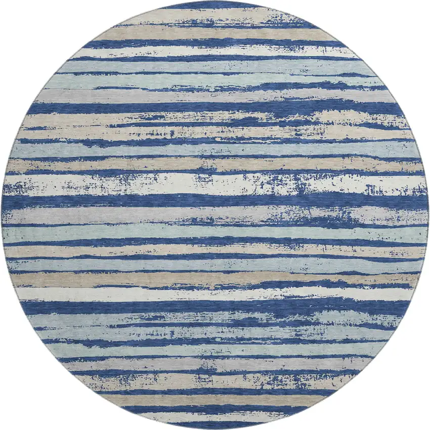 8' Navy Blue Ivory And Taupe Striped Washable Round Rug With UV Protection Photo 1