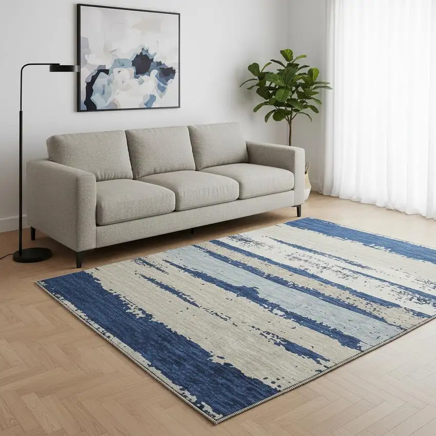 8' Navy Blue Ivory And Taupe Striped Washable Round Rug With UV Protection Photo 2