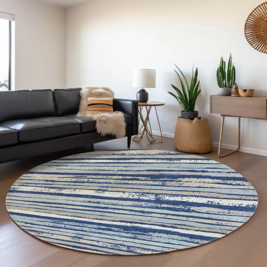 8' Navy Blue Ivory And Taupe Striped Washable Round Rug With UV Protection Photo 3