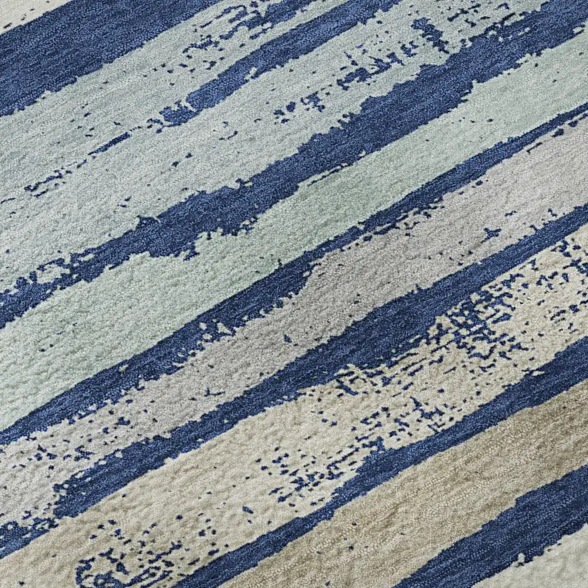 8' Navy Blue Ivory And Taupe Striped Washable Round Rug With UV Protection Photo 7