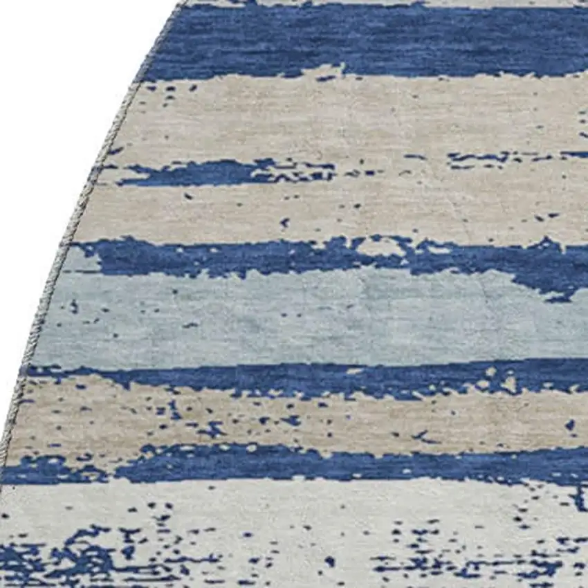 8' Navy Blue Ivory And Taupe Striped Washable Round Rug With UV Protection Photo 2