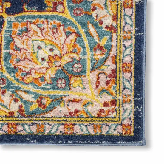 10' Navy Blue Ivory And Yellow Floral Medallion Runner Rug Photo 3