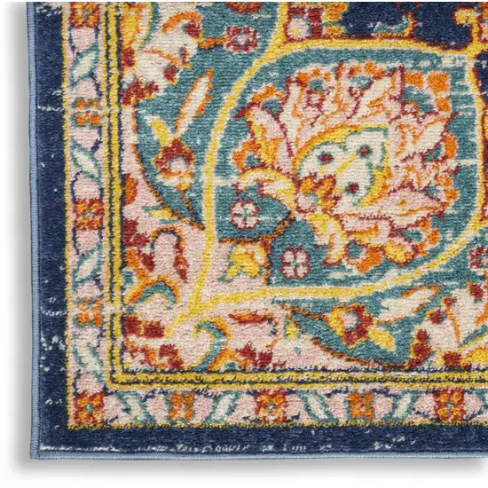 10' Navy Blue Ivory And Yellow Floral Medallion Runner Rug Photo 2