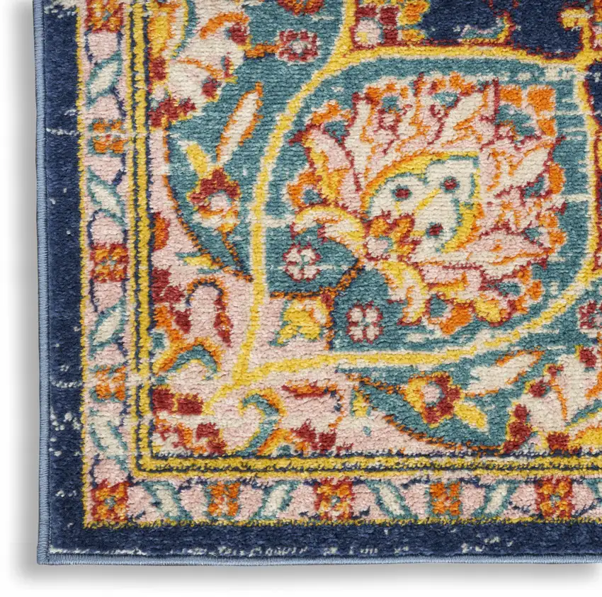 10' Navy Blue Ivory And Yellow Floral Medallion Runner Rug Photo 2