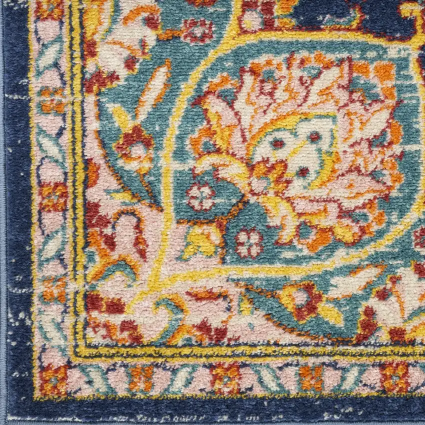 10' Navy Blue Ivory And Yellow Floral Medallion Runner Rug Photo 6