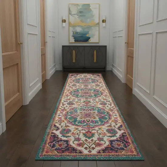 10' Navy Blue Ivory And Yellow Floral Medallion Runner Rug Photo 1