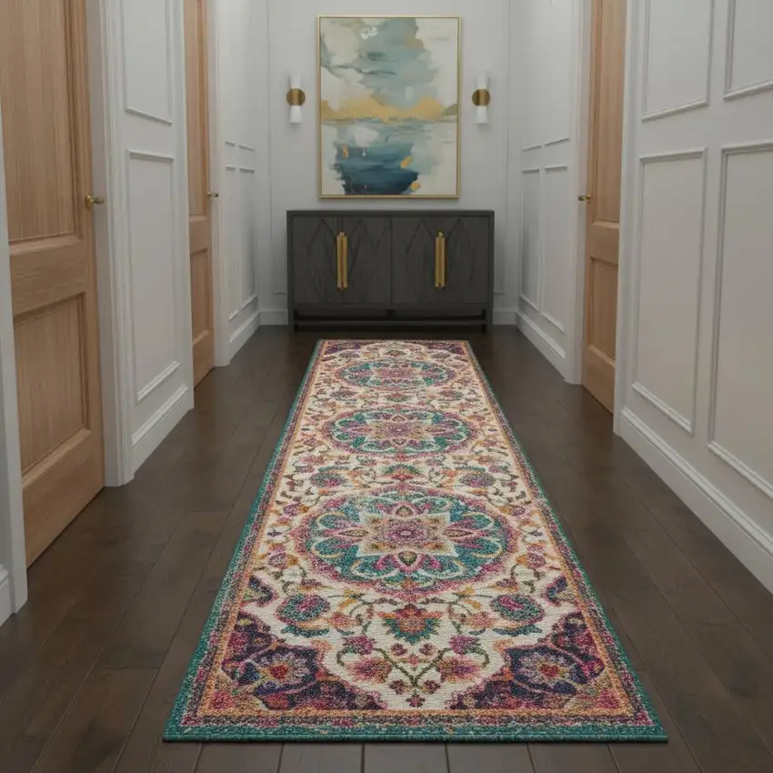 10' Navy Blue Ivory And Yellow Floral Medallion Runner Rug Photo 1