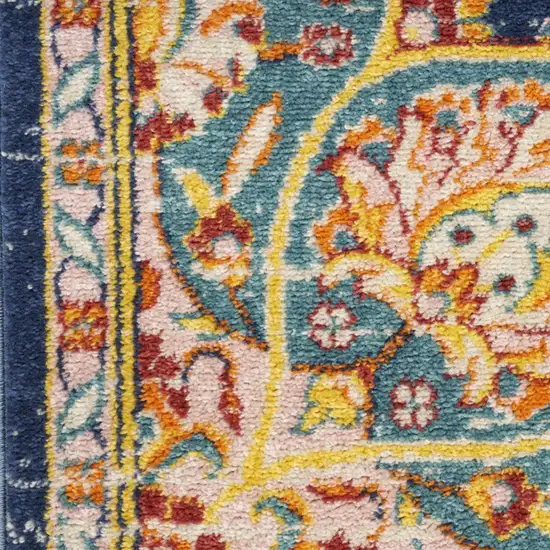 10' Navy Blue Ivory And Yellow Floral Medallion Runner Rug Photo 8