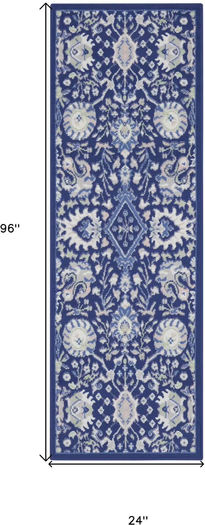 8' Navy Blue Ivory and Beige Floral Distressed Non Skid Runner Rug Photo 3