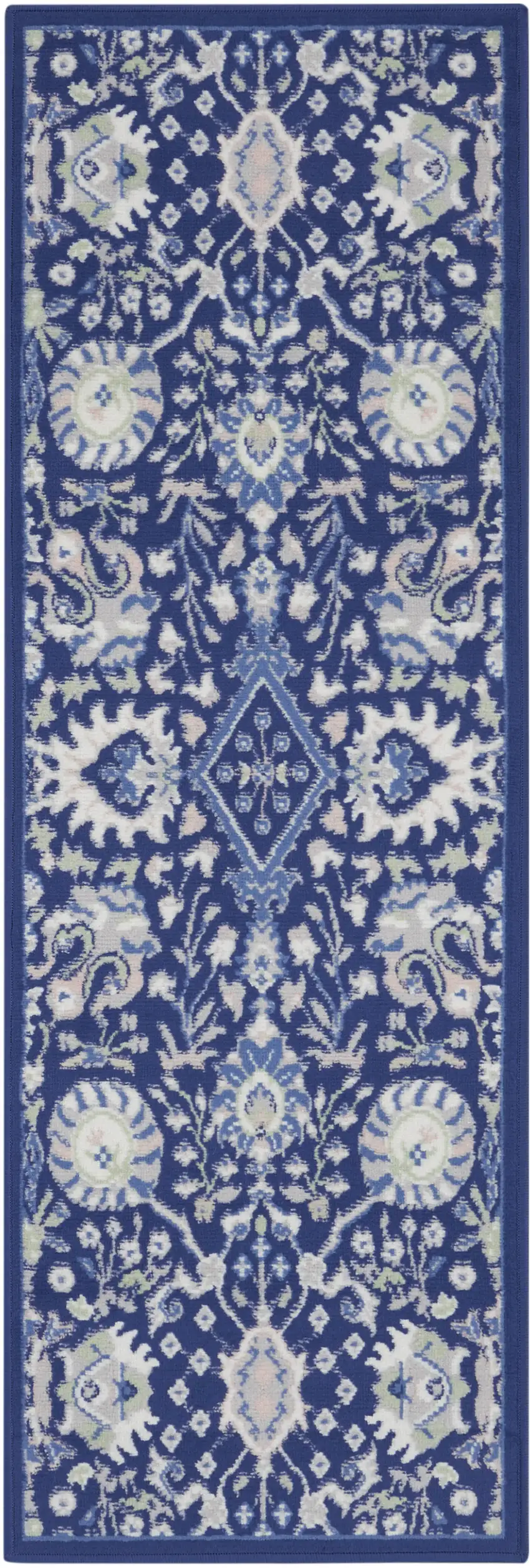 8' Navy Blue Ivory and Beige Floral Distressed Non Skid Runner Rug Photo 2