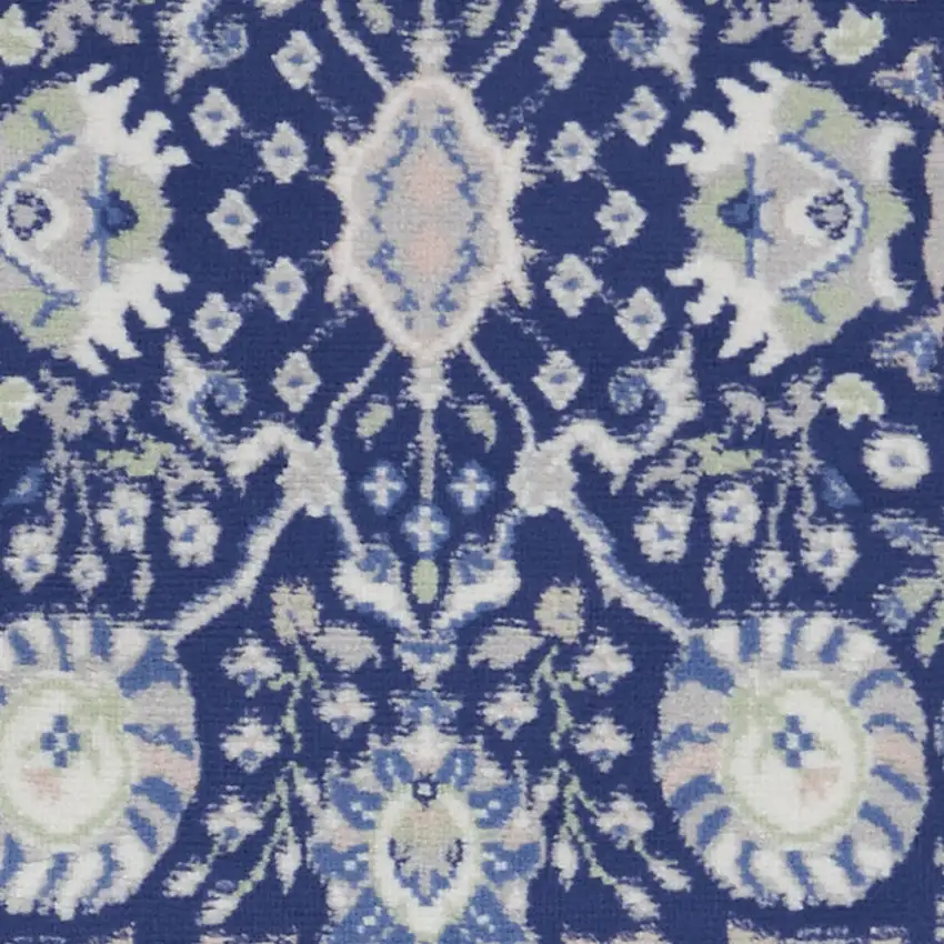 8' Navy Blue Ivory and Beige Floral Distressed Non Skid Runner Rug Photo 6