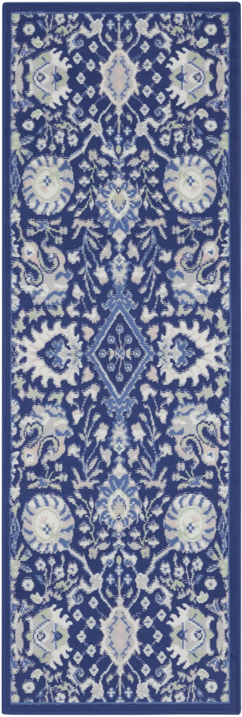 8' Navy Blue Ivory and Beige Floral Distressed Non Skid Runner Rug Photo 8