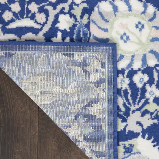 8' Navy Blue Ivory and Beige Floral Distressed Non Skid Runner Rug Photo 9