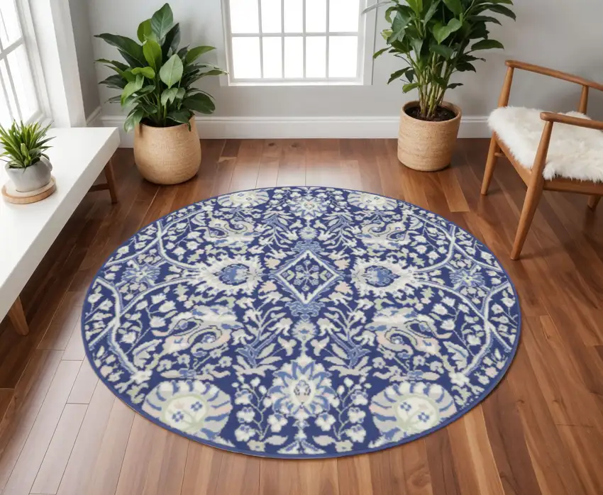 8' Navy Blue Ivory and Beige Floral Round Rug Photo 1