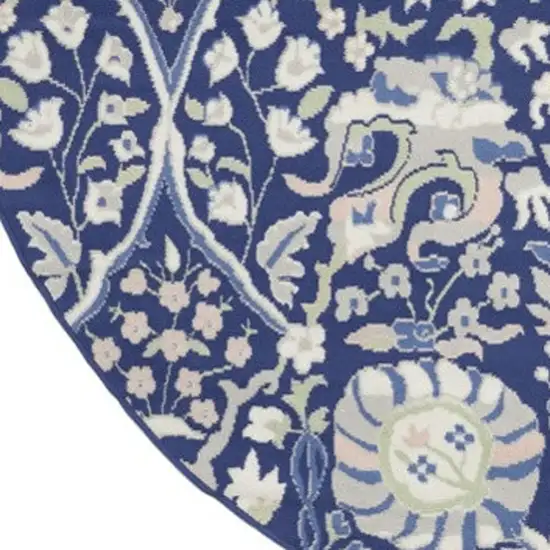 8' Navy Blue Ivory and Beige Floral Round Rug Photo 7