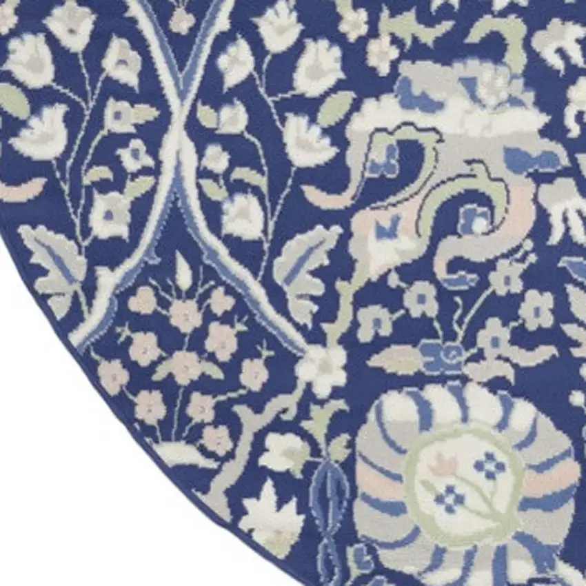 8' Navy Blue Ivory and Beige Floral Round Rug Photo 7