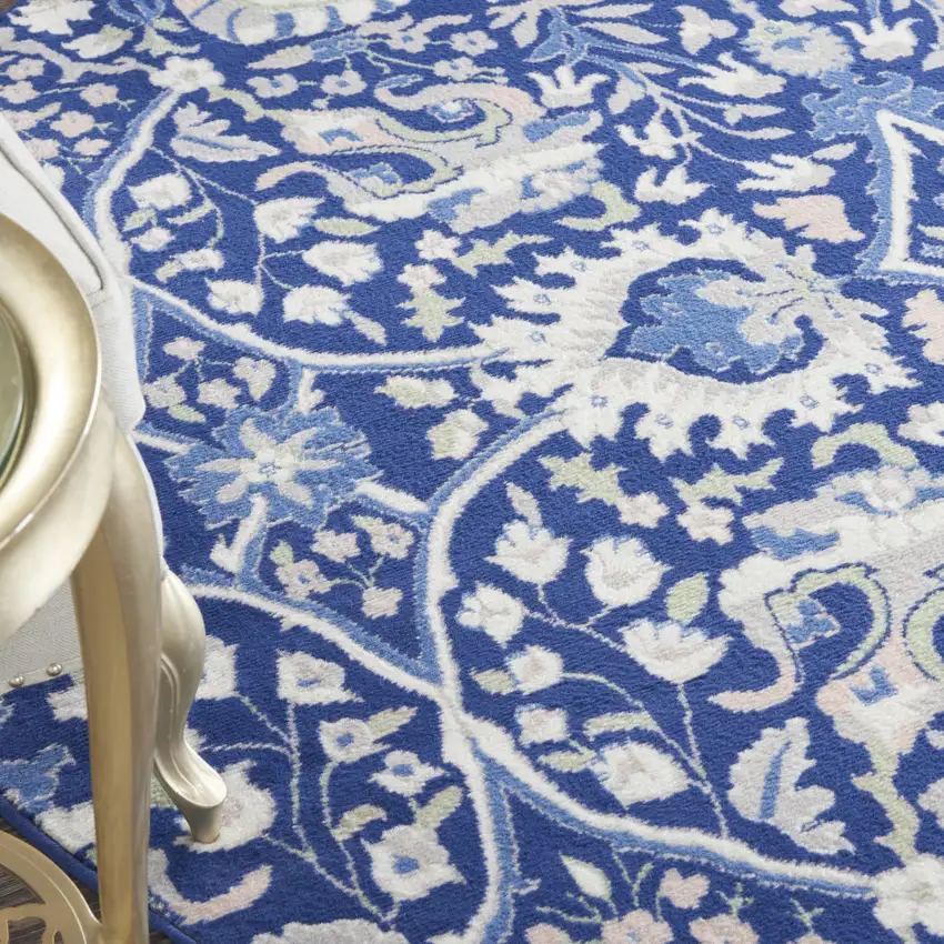 8' Navy Blue Ivory and Beige Floral Round Rug Photo 8